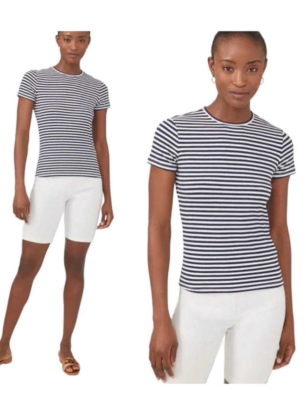 J. McLaughlin "Allie" Navy White Stripe Cotton Blend Nautical Short Sleeve Tee - Picture 3 of 15
